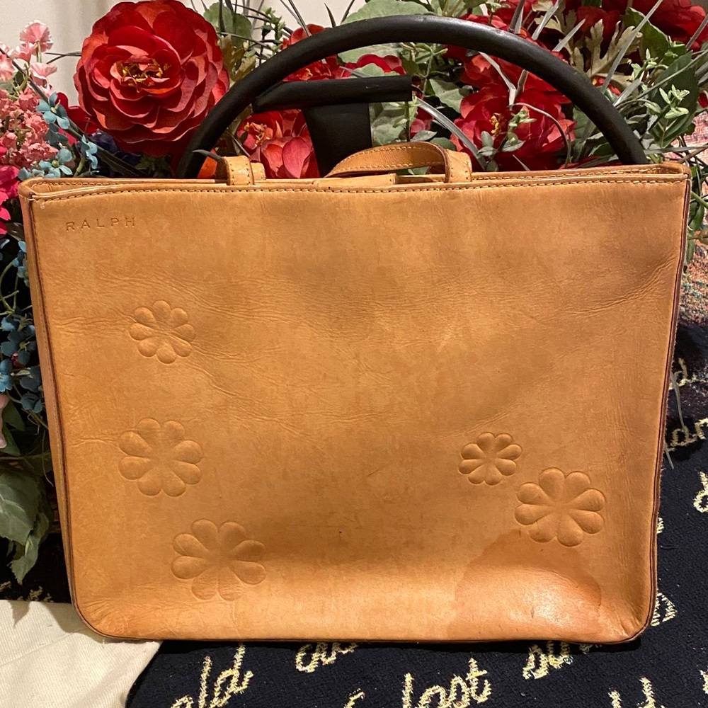 Polo by Ralph Lauren Tan Leather Tote with Floral Embossing